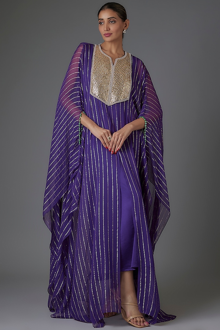 Purple Georgette Sequins & Bead Embroidered Kaftan by Kresha Lulla at Pernia's Pop Up Shop