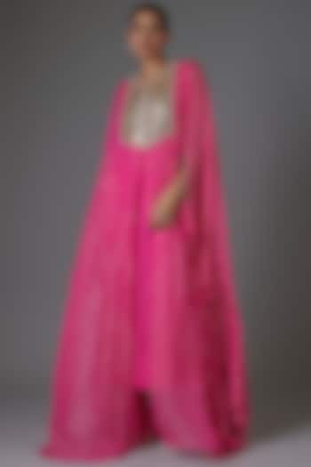 Fuchsia Pink Georgette Sequins & Bead Embroidered Kaftan by Kresha Lulla at Pernia's Pop Up Shop