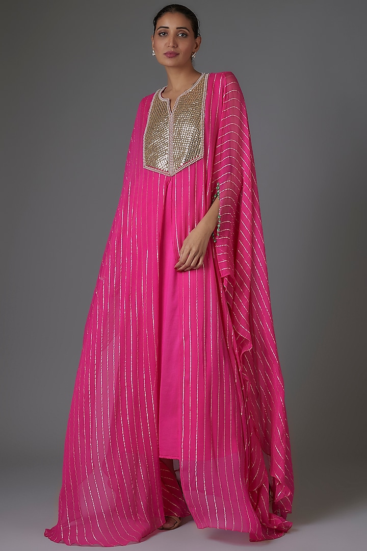 Fuchsia Pink Georgette Sequins & Bead Embroidered Kaftan by Kresha Lulla at Pernia's Pop Up Shop