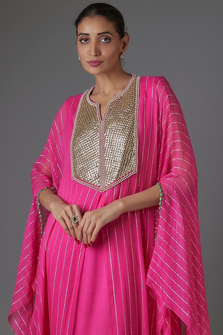 Fuchsia Pink Georgette Sequins & Bead Embroidered Kaftan by Kresha Lulla at Pernia's Pop Up Shop
