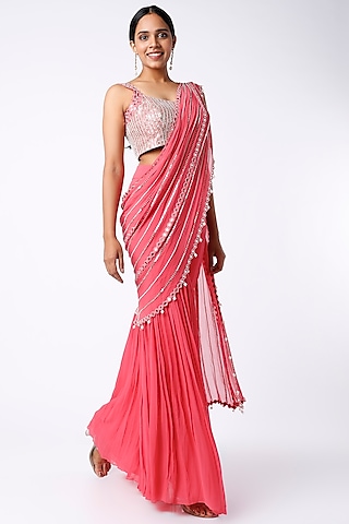 Neon Fuchsia Embroidered Sharara Saree Set by Kresha Lulla