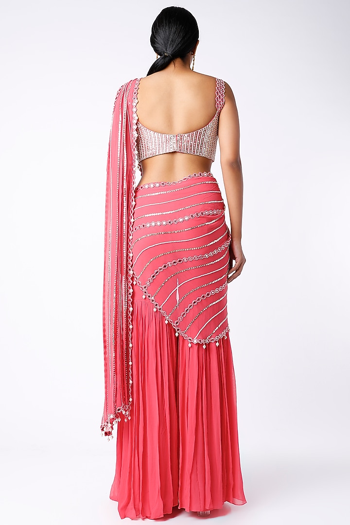 Neon Fuchsia Embroidered Sharara Wedding Saree Set by Kresha Lulla at Pernia's Pop Up Shop
