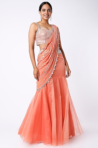Coral Organza & Raw Silk Mirror Embroidered Lehenga Saree Set by Kresha Lulla