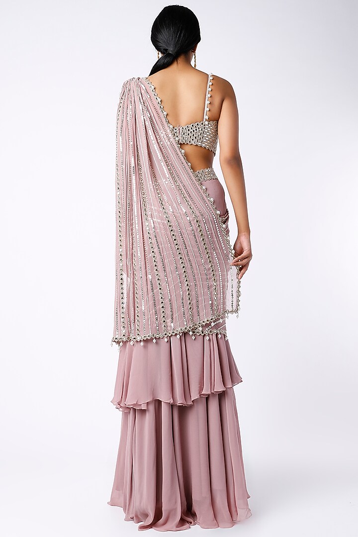 Dusty Lavender Georgette Mirror Embroidered Tiered Wedding Lehenga Saree Set by Kresha Lulla at Pernia's Pop Up Shop
