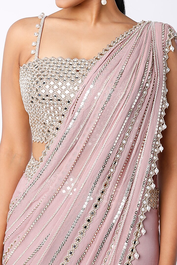 Dusty Lavender Georgette Mirror Embroidered Tiered Wedding Lehenga Saree Set by Kresha Lulla at Pernia's Pop Up Shop