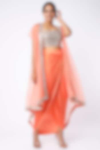 Coral Raw Silk & Satin Draped Skirt Set by Kresha Lulla at Pernia's Pop Up Shop
