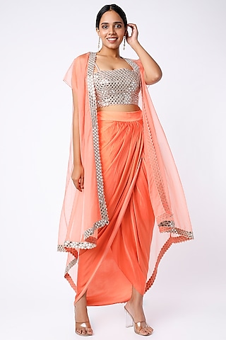 Coral Raw Silk & Satin Draped Skirt Set by Kresha Lulla