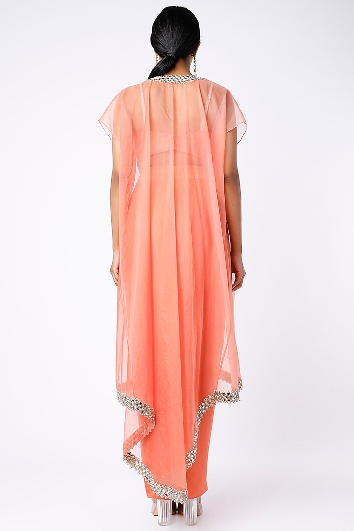 Coral Raw Silk & Satin Draped Skirt Set by Kresha Lulla at Pernia's Pop Up Shop