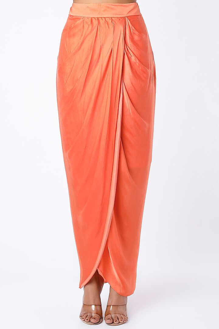 Coral Raw Silk & Satin Draped Skirt Set by Kresha Lulla at Pernia's Pop Up Shop