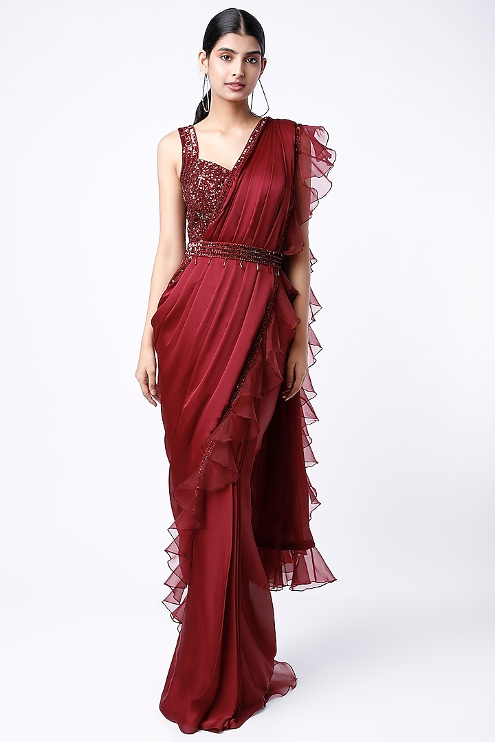 Maroon Sequins Embroidered Saree Set by Kresha Lulla at Pernia's Pop Up Shop