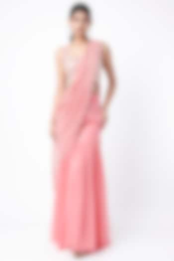Bubblegum Pink Georgette & Raw Silk Mirror Embroidered Sharara Wedding Saree Set by Kresha Lulla at Pernia's Pop Up Shop