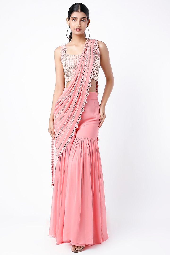 Bubblegum Pink Georgette & Raw Silk Mirror Embroidered Sharara Wedding Saree Set by Kresha Lulla at Pernia's Pop Up Shop