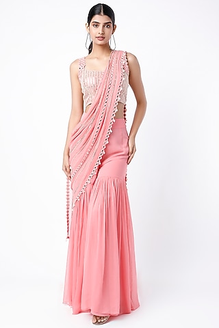 Bubblegum Pink Georgette & Raw Silk Mirror Embroidered Sharara Saree Set by Kresha Lulla