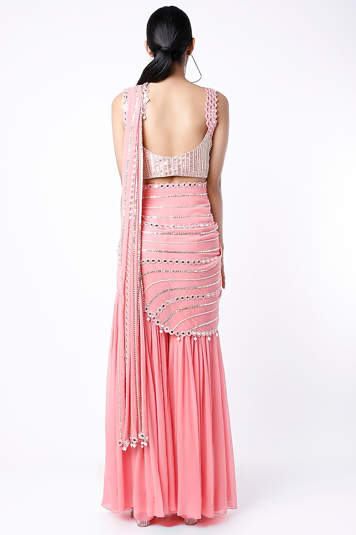 Bubblegum Pink Georgette & Raw Silk Mirror Embroidered Sharara Wedding Saree Set by Kresha Lulla at Pernia's Pop Up Shop