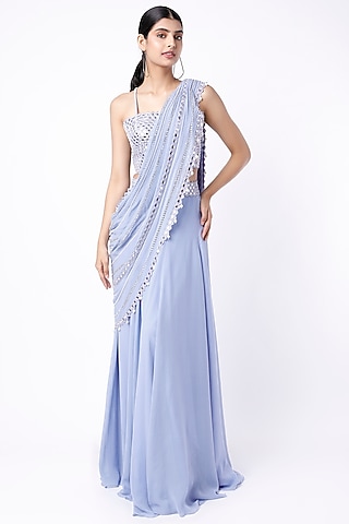 Periwinkle Blue Georgette & Raw Silk Embroidered Lehenga Saree Set by Kresha Lulla