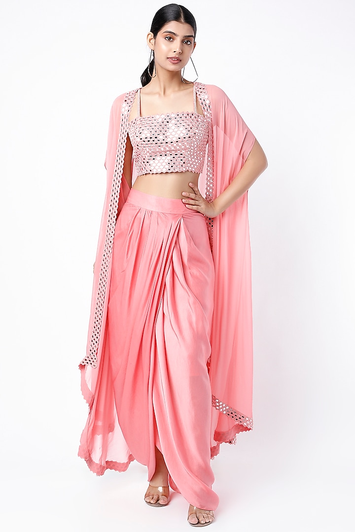 Bubblegum Pink Mirror Embroidered Dhoti Set by Kresha Lulla at Pernia's Pop Up Shop