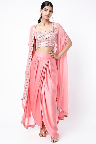 Bubblegum Pink Mirror Embroidered Dhoti Set by Kresha Lulla