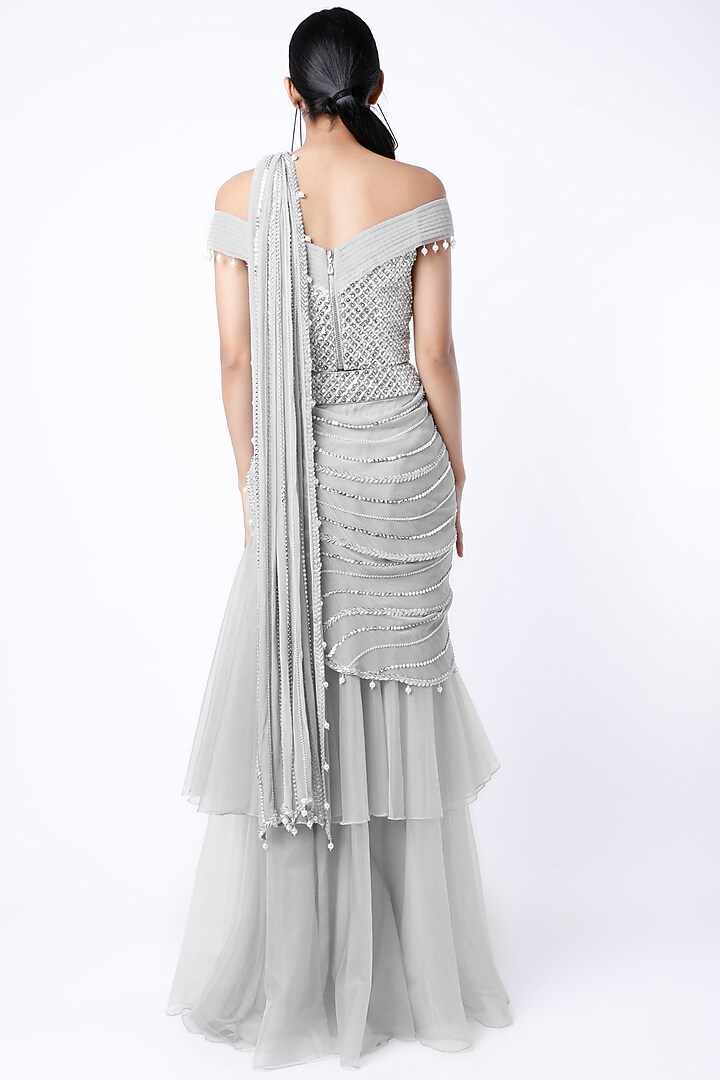 Grey Georgette Sequins Embroidered Layered Wedding Lehenga Saree Set by Kresha Lulla at Pernia's Pop Up Shop