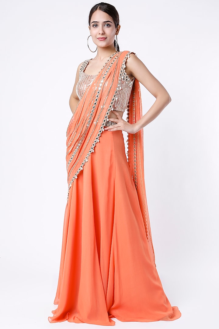 Orange Georgette & Raw Silk Mirror Embroidered Lehenga Saree Set by Kresha Lulla