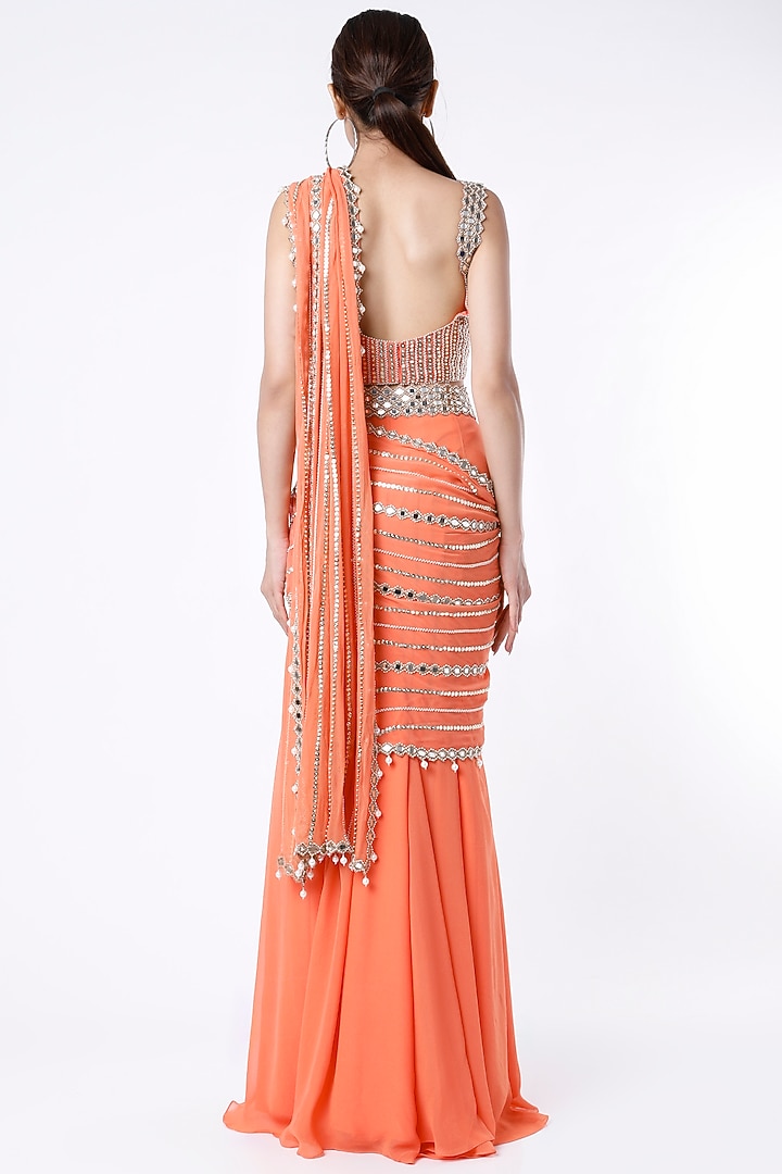 Orange Georgette & Raw Silk Mirror Embroidered Wedding Lehenga Saree Set by Kresha Lulla at Pernia's Pop Up Shop
