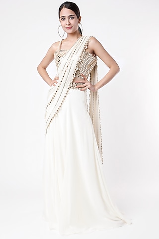 Ivory Mirror Embroidered Lehenga Saree Set by Kresha Lulla