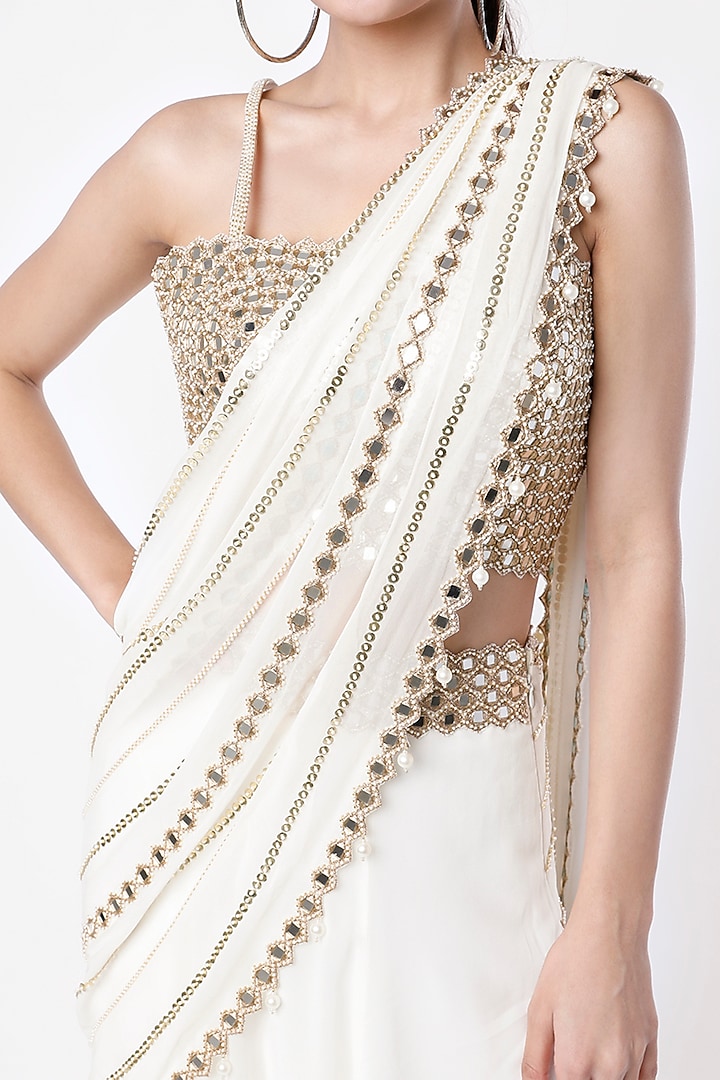 Ivory Mirror Embroidered Wedding Lehenga Saree Set by Kresha Lulla at Pernia's Pop Up Shop
