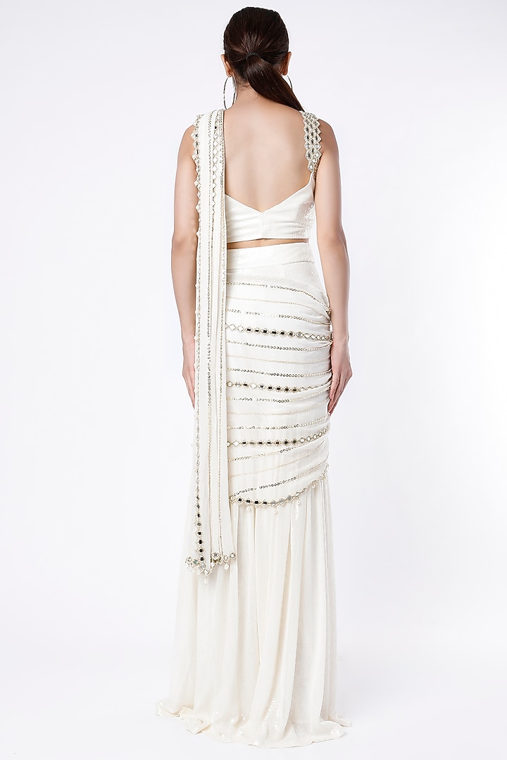 Ivory Georgette Mirror Embroidered Sharara Wedding Saree Set by Kresha Lulla at Pernia's Pop Up Shop