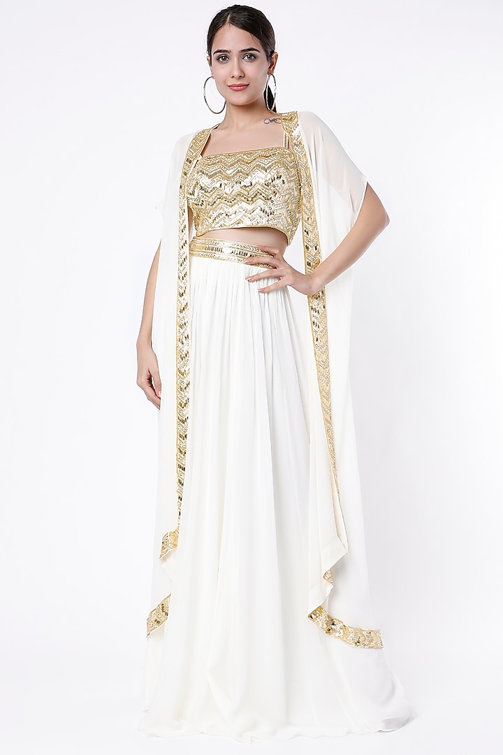 Ivory Geometric Mirror Embroidered Skirt Set by Kresha Lulla
