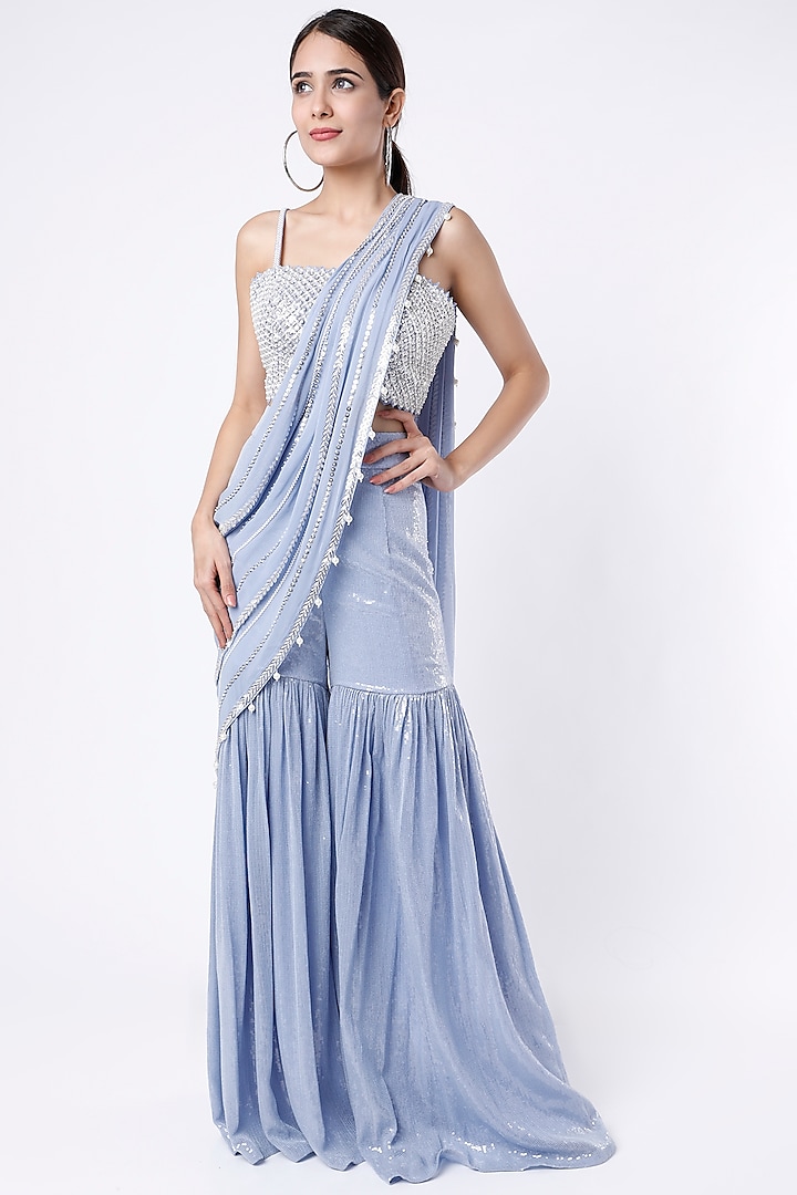 Periwinkle Blue Georgette & Raw Silk Sequins Embroidered Sharara Saree Set by Kresha Lulla