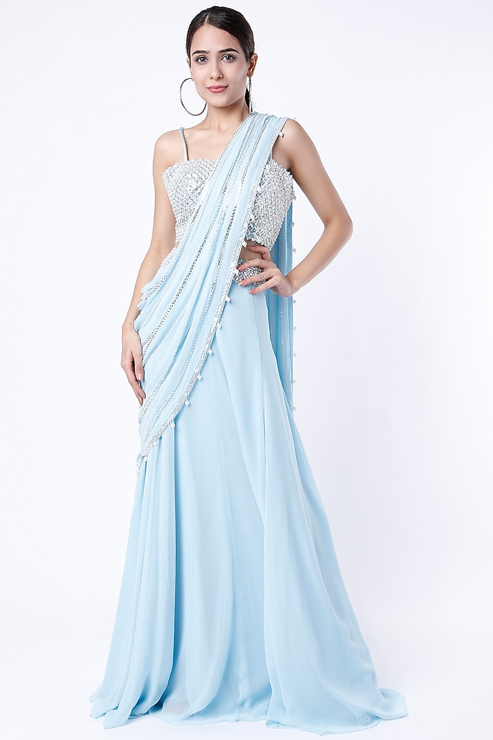 Pastel Blue Raw Silk & Georgette Sequins Embroidered Wedding Lehenga Saree Set by Kresha Lulla at Pernia's Pop Up Shop