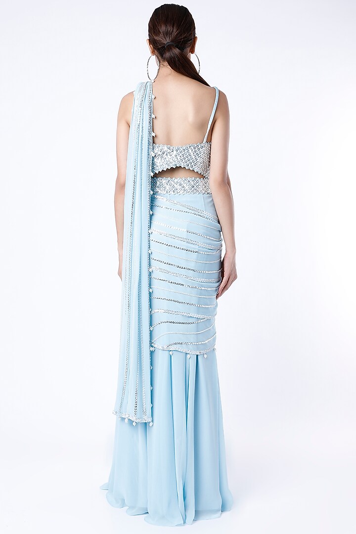 Pastel Blue Raw Silk & Georgette Sequins Embroidered Wedding Lehenga Saree Set by Kresha Lulla at Pernia's Pop Up Shop