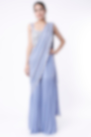 Pastel Blue Raw Silk & Georgette Mirror Embroidered Sharara Wedding Saree Set by Kresha Lulla at Pernia's Pop Up Shop