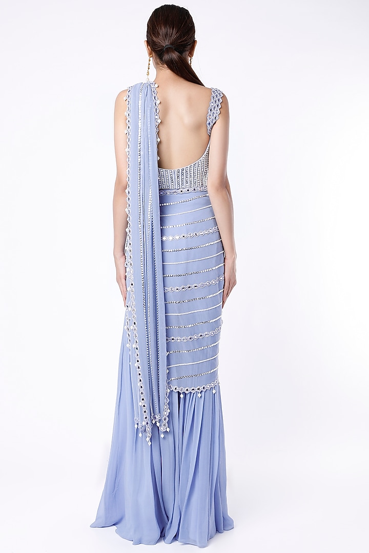Pastel Blue Raw Silk & Georgette Mirror Embroidered Sharara Wedding Saree Set by Kresha Lulla at Pernia's Pop Up Shop
