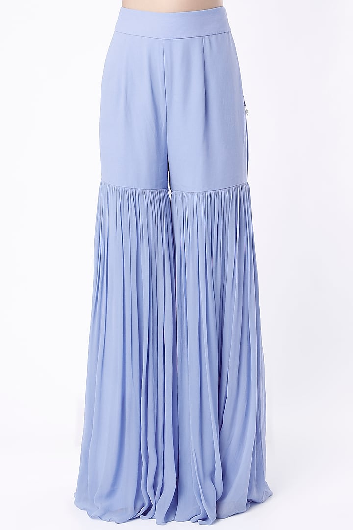 Pastel Blue Raw Silk & Georgette Mirror Embroidered Sharara Wedding Saree Set by Kresha Lulla at Pernia's Pop Up Shop