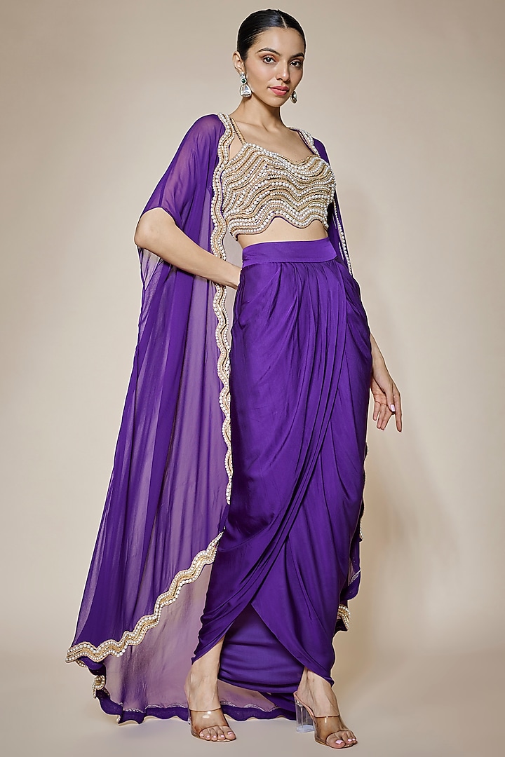 Purple Cotton Satin Dhoti Skirt Set by Kresha Lulla at Pernia's Pop Up Shop