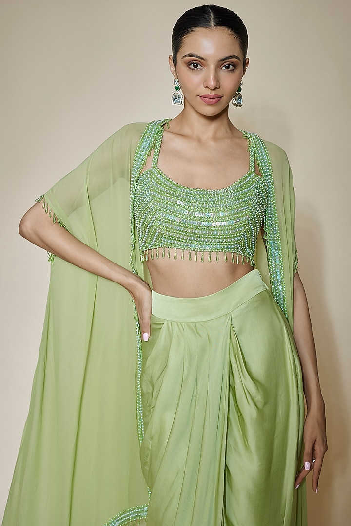 Pista Green Cotton Satin Dhoti Skirt Set by Kresha Lulla at Pernia's Pop Up Shop
