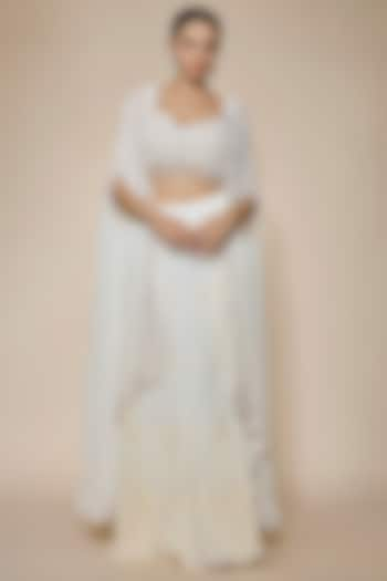 Ivory Georgette & Raw Silk Pearl Embroidered Cape Set by Kresha Lulla at Pernia's Pop Up Shop