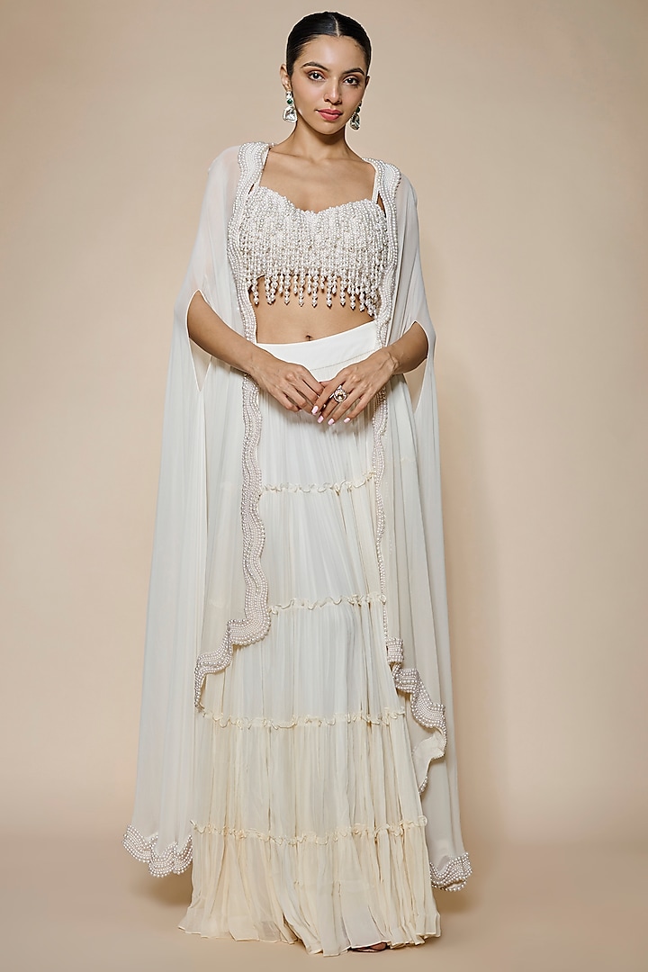 Ivory Georgette & Raw Silk Pearl Embroidered Cape Set by Kresha Lulla at Pernia's Pop Up Shop