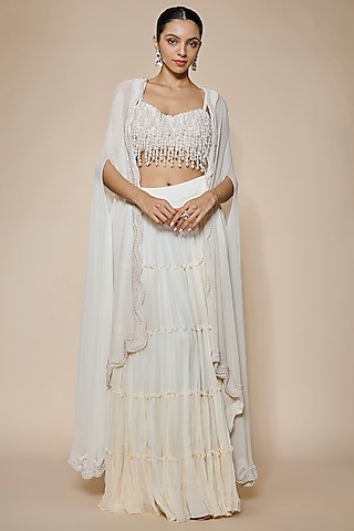 Ivory Georgette & Raw Silk Pearl Embroidered Cape Set by Kresha Lulla