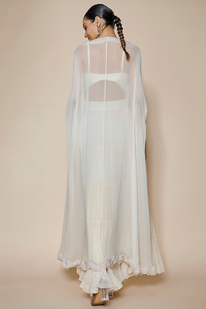 Ivory Georgette & Raw Silk Pearl Embroidered Cape Set by Kresha Lulla at Pernia's Pop Up Shop