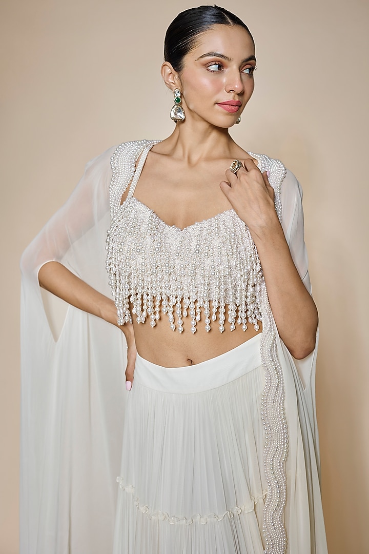 Ivory Georgette & Raw Silk Pearl Embroidered Cape Set by Kresha Lulla at Pernia's Pop Up Shop