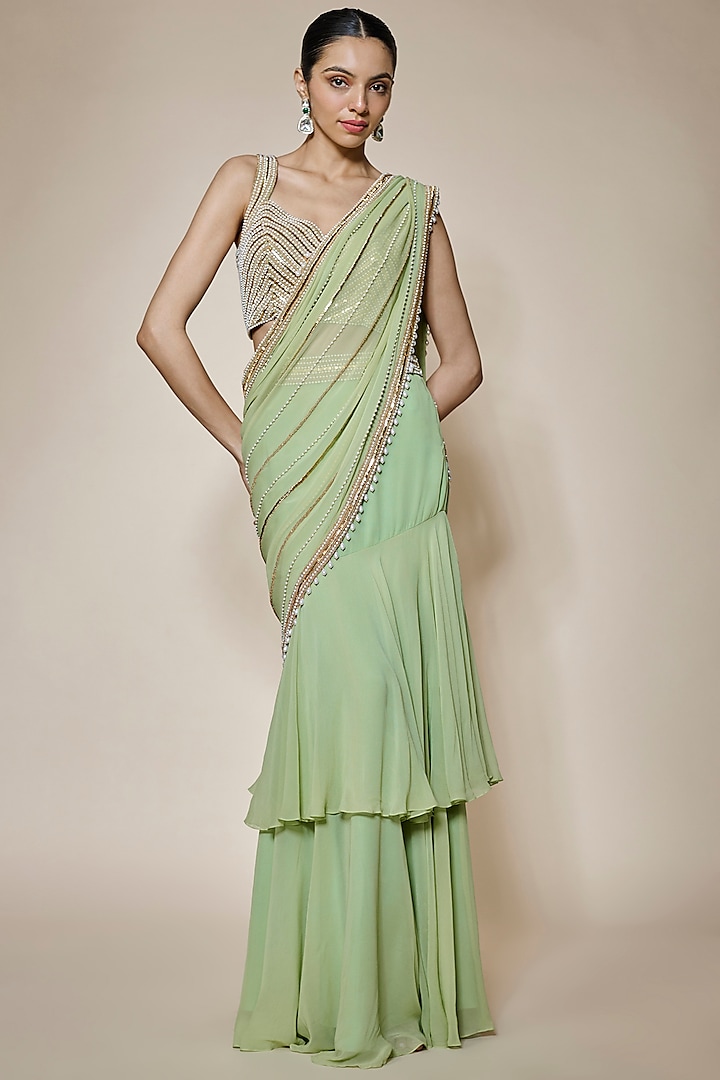 Green Georgette & Raw Silk Pearl Embroidered Pre-Stitched Reception Saree Set by Kresha Lulla at Pernia's Pop Up Shop