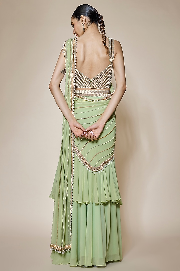 Green Georgette & Raw Silk Pearl Embroidered Pre-Stitched Reception Saree Set by Kresha Lulla at Pernia's Pop Up Shop
