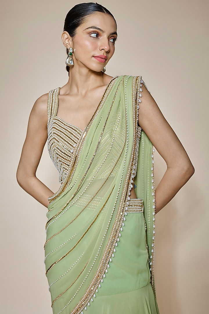 Green Georgette & Raw Silk Pearl Embroidered Pre-Stitched Reception Saree Set by Kresha Lulla at Pernia's Pop Up Shop
