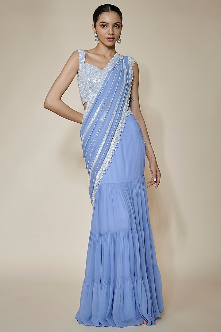Periwinkle Blue Georgette & Raw Silk Sequins Embroidered Pre-Stitched Saree Set by Kresha Lulla