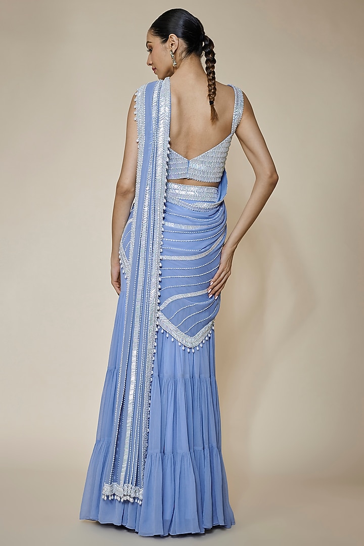 Periwinkle Blue Georgette & Raw Silk Sequins Embroidered Pre-Stitched Reception Saree Set by Kresha Lulla at Pernia's Pop Up Shop