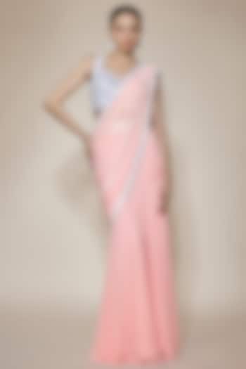 Blush Pink Georgette & Raw Silk Sequins Embroidered Pre-Stitched Reception Saree Set by Kresha Lulla at Pernia's Pop Up Shop