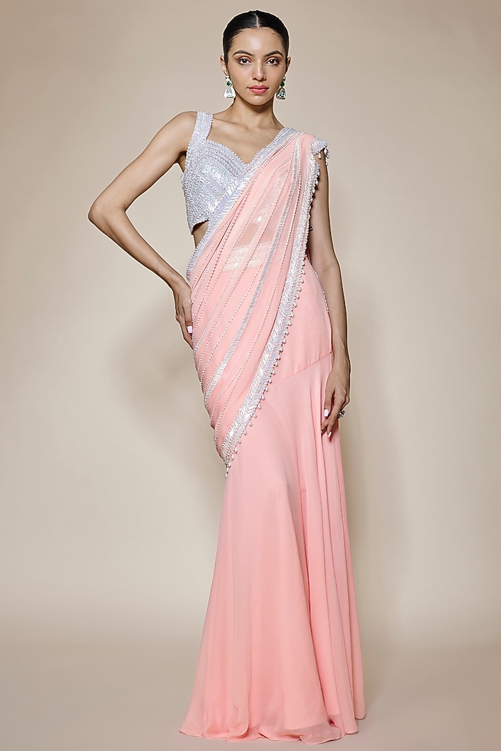 Blush Pink Georgette & Raw Silk Sequins Embroidered Pre-Stitched Reception Saree Set by Kresha Lulla at Pernia's Pop Up Shop