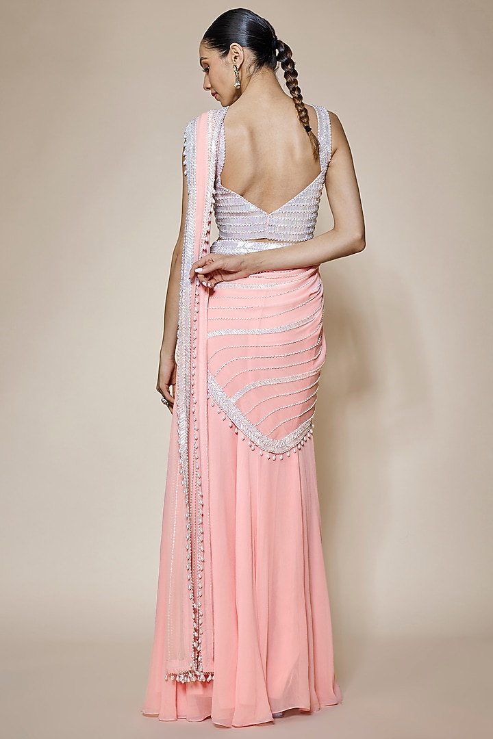 Blush Pink Georgette & Raw Silk Sequins Embroidered Pre-Stitched Reception Saree Set by Kresha Lulla at Pernia's Pop Up Shop