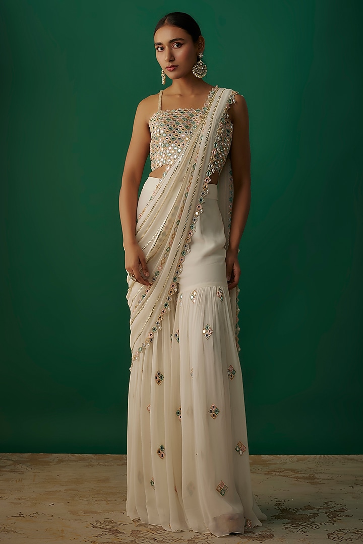 Ivory Raw Silk & Georgette Mirror Embroidered Sharara Pant Reception Saree Set by Kresha Lulla at Pernia's Pop Up Shop